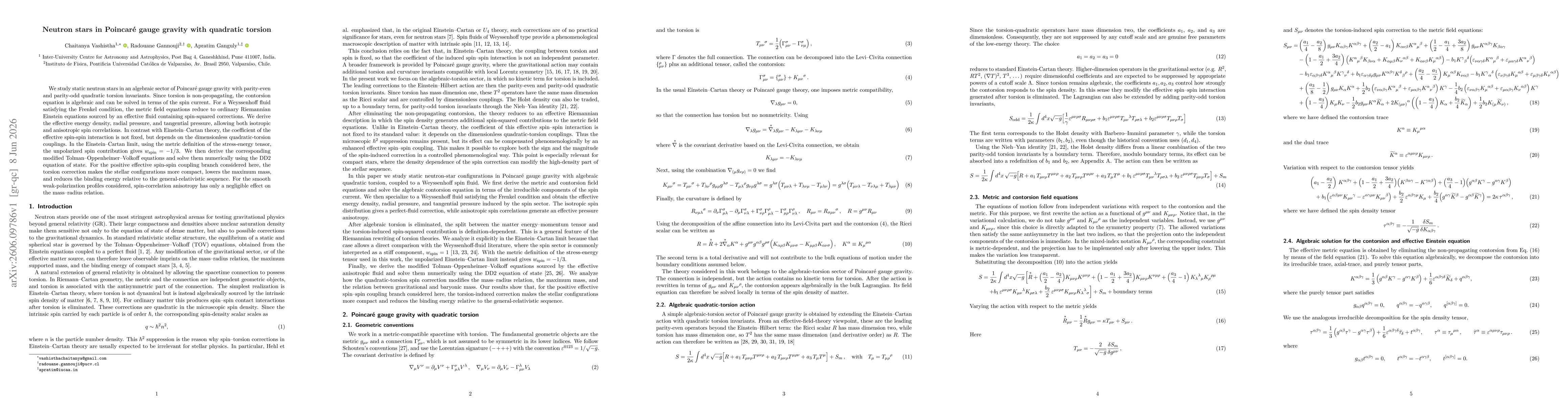 Thumbnail for Neutron stars in Poincaré gauge gravity with quadratic torsion