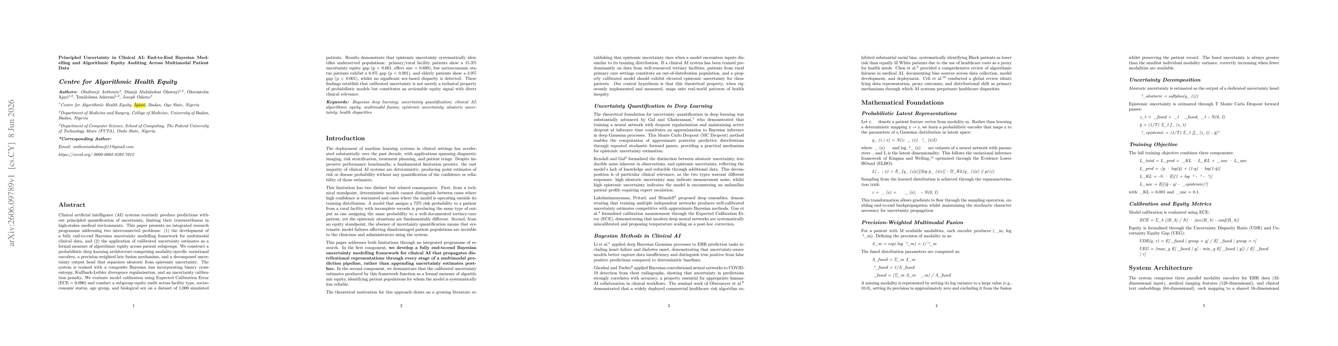 Thumbnail for Principled Uncertainty in Clinical AI: End-to-End Bayesian Modelling and Algorithmic Equity Auditing Across Multimodal Patient Data