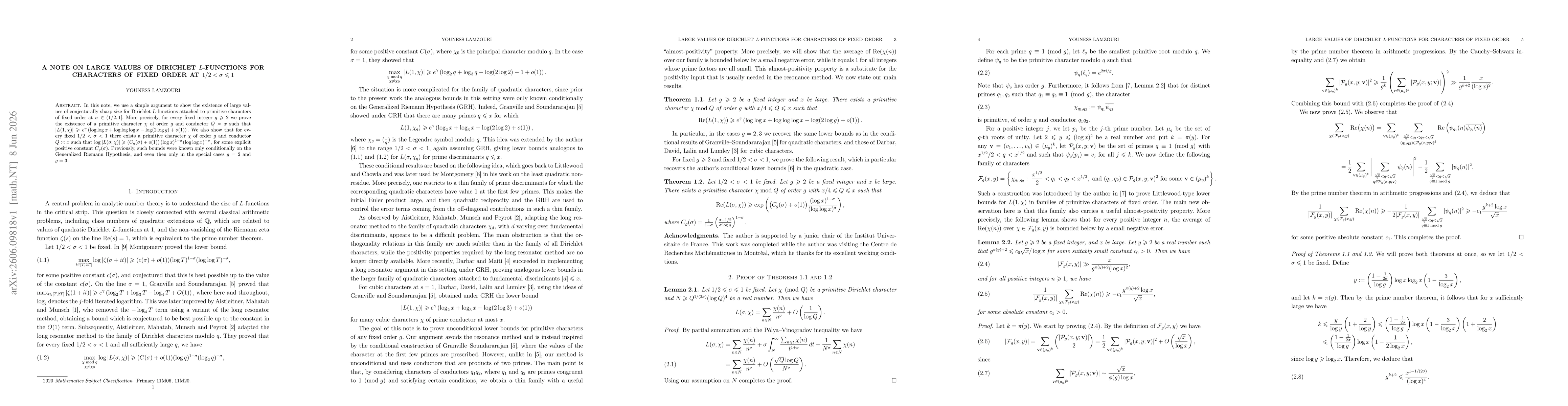 Thumbnail for A note on large values of Dirichlet $L$-functions for characters of fixed order at $1/2<σ\leq 1$