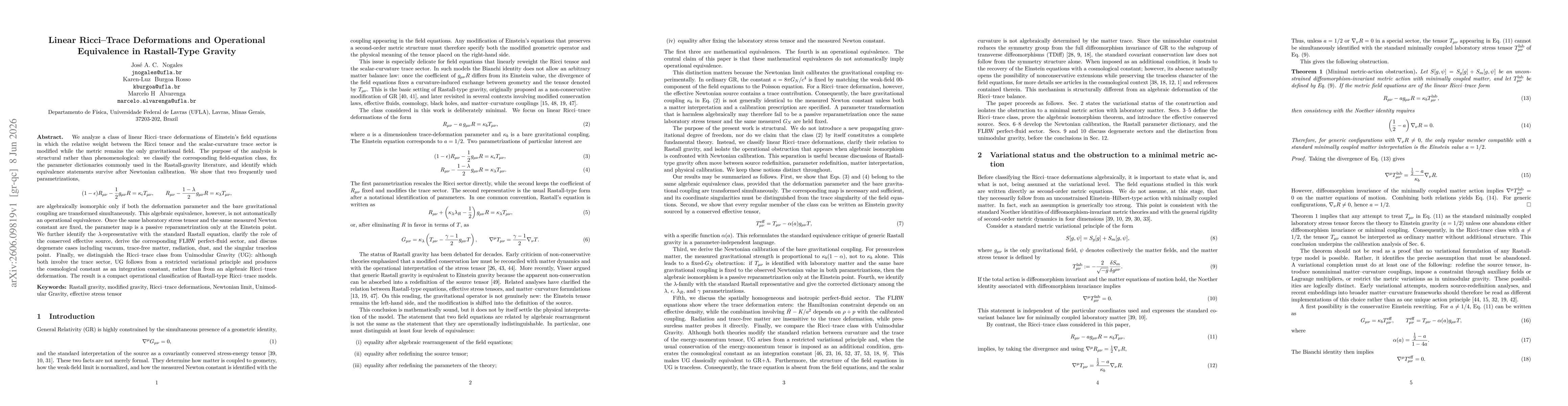 Thumbnail for Linear Ricci-Trace Deformations and Operational Equivalence in Rastall-Type Gravity