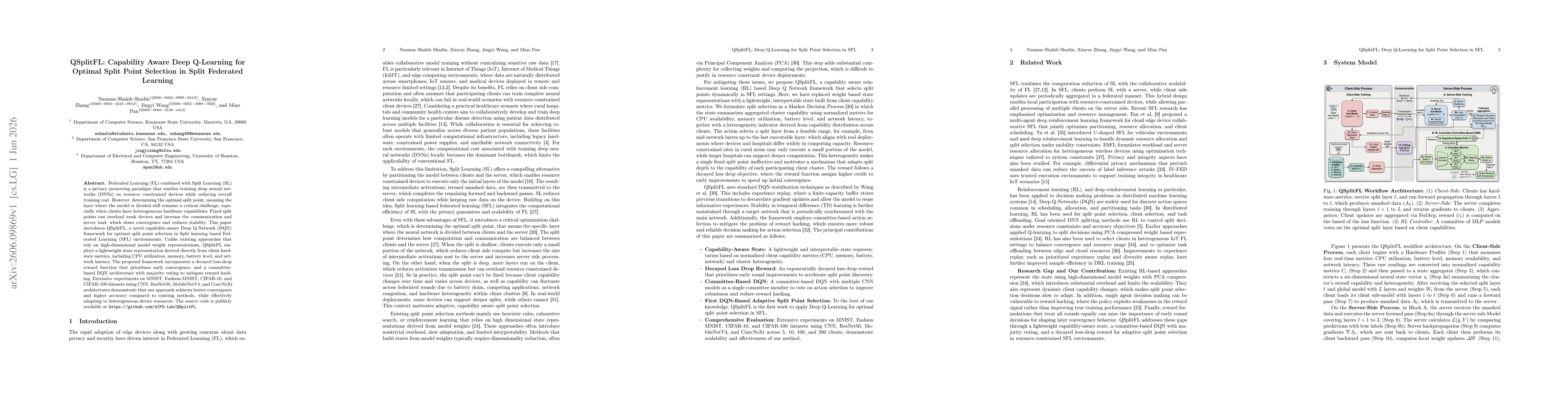 Thumbnail for QSplitFL: Capability Aware Deep Q-Learning for Optimal Split Point Selection in Split Federated Learning