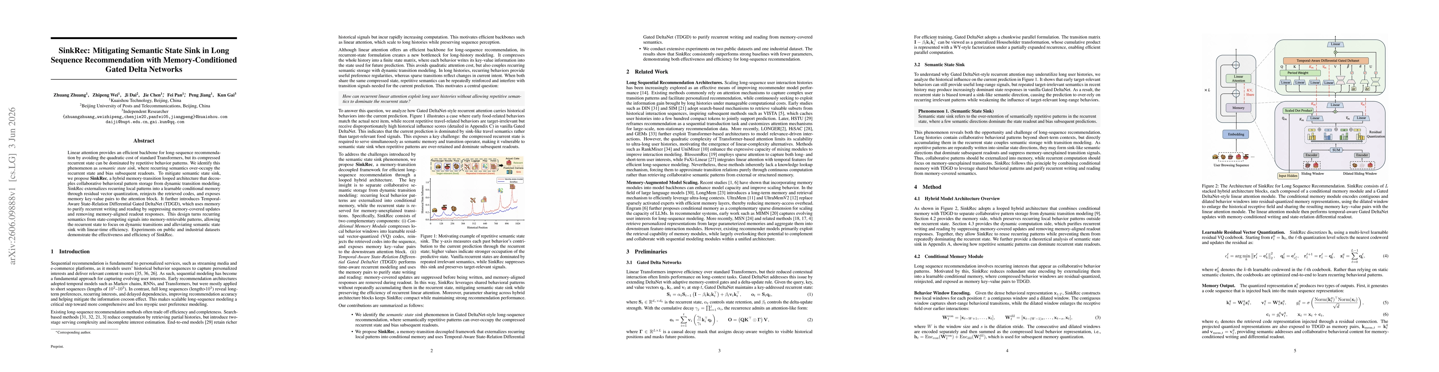 Thumbnail for SinkRec: Mitigating Semantic State Sink in Long Sequence Recommendation with Memory-Conditioned Gated Delta Networks