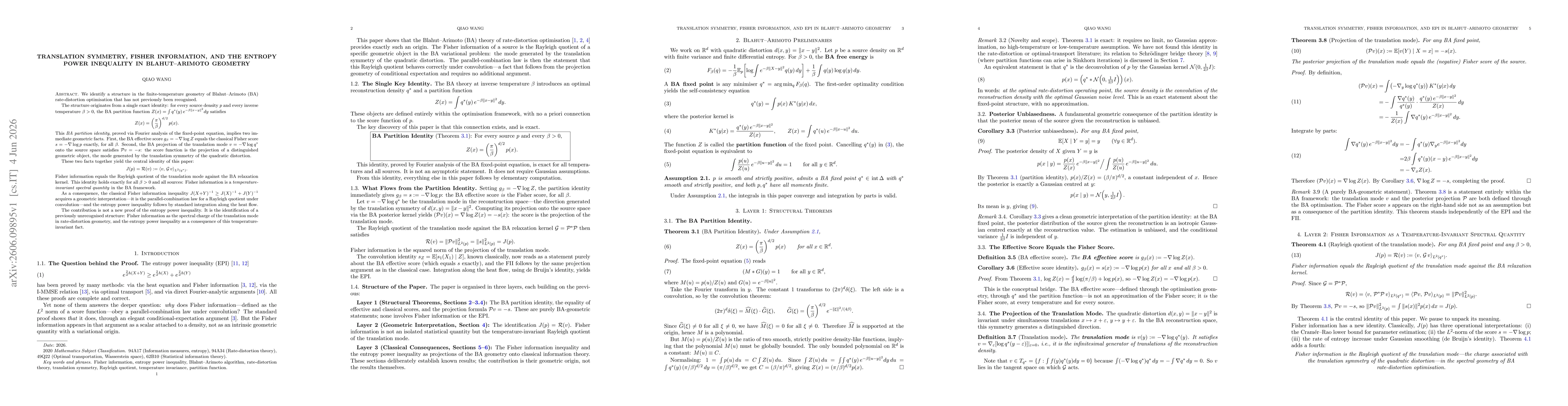 Thumbnail for Translation Symmetry, Fisher Information, and the Entropy Power Inequality in Blahut--Arimoto Geometry