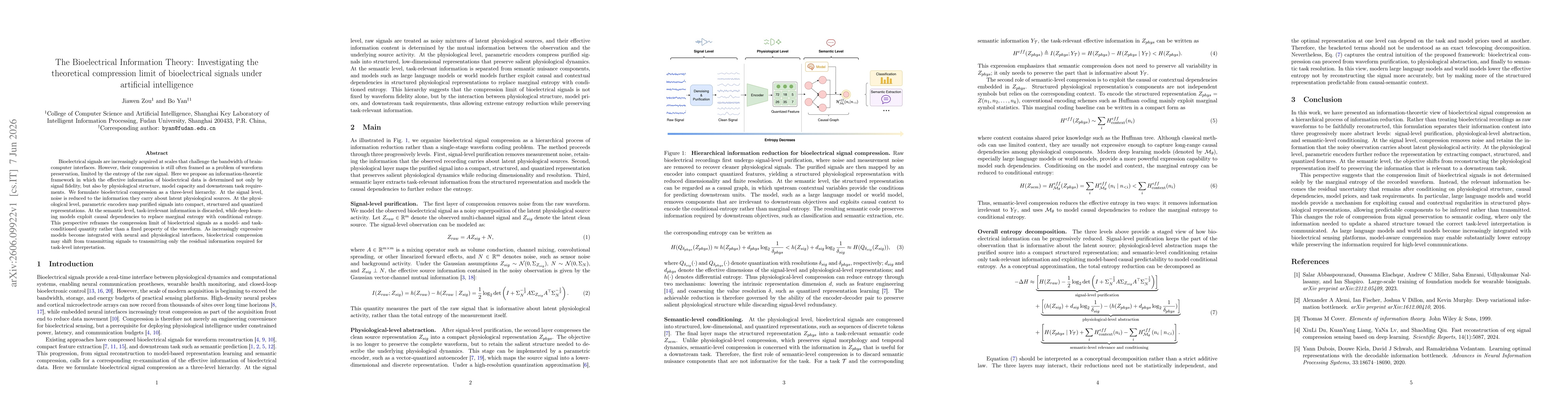 Thumbnail for The Bioelectrical Information Theory: Investigating the theoretical compression limit of bioelectrical signals under artificial intelligence
