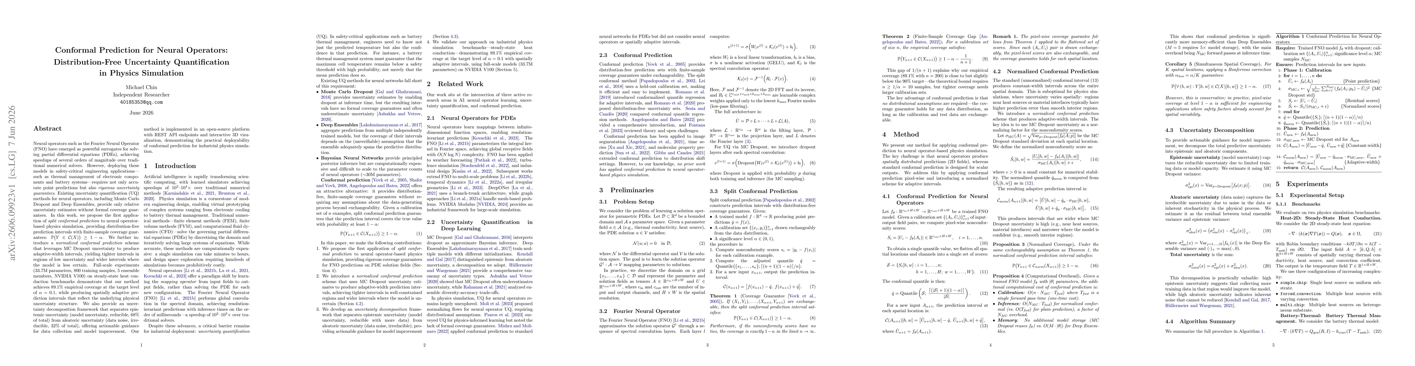 Thumbnail for Conformal Prediction for Neural Operators: Distribution-Free Uncertainty Quantification in Physics Simulation