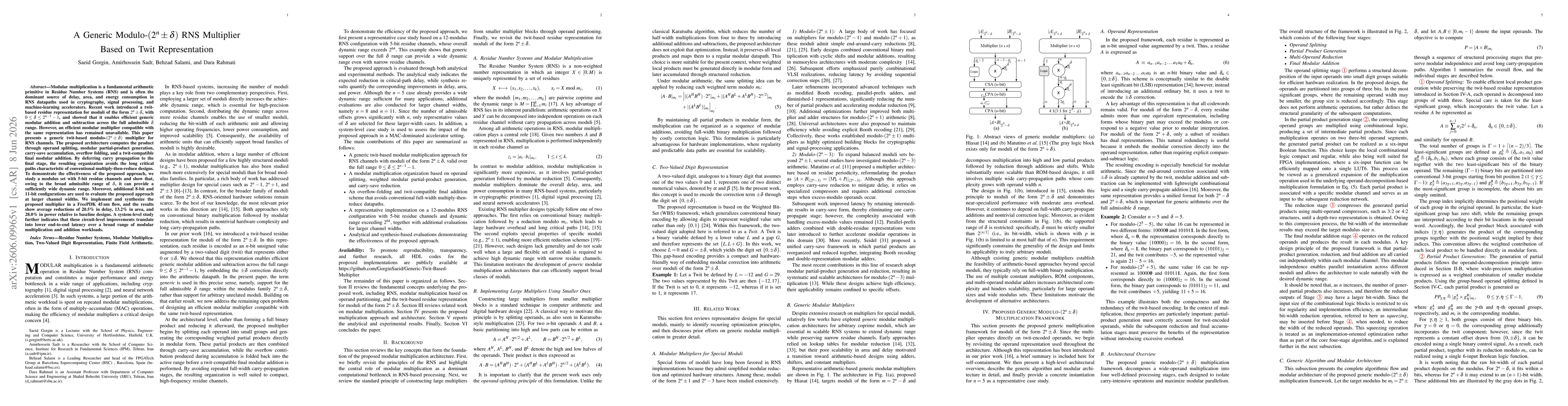 Thumbnail for A Generic Modulo-$(2^n\pmδ)$ RNS Multiplier Based on Twit Representation