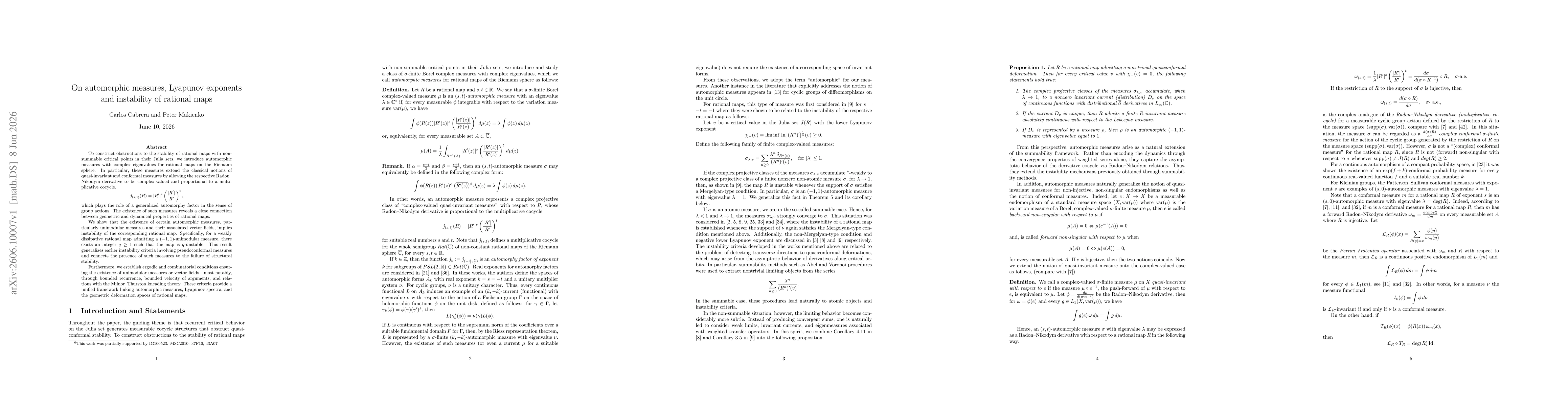 Thumbnail for On automorphic measures, Lyapunov exponents and instability of rational maps