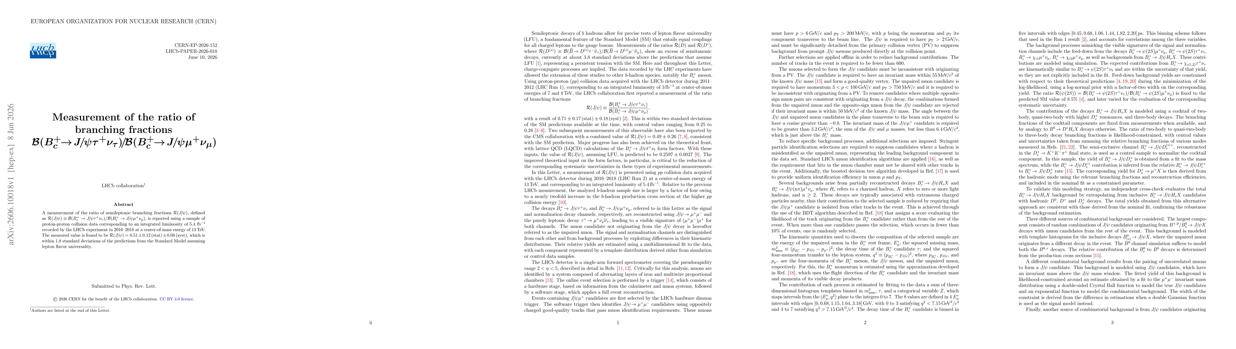 Thumbnail for Measurement of the ratio of branching fractions $\mathcal{B}(B_c^+ \to J/ψτ^+ ν_τ)/\mathcal{B}(B_c^+ \to J/ψμ^+ ν_μ)$