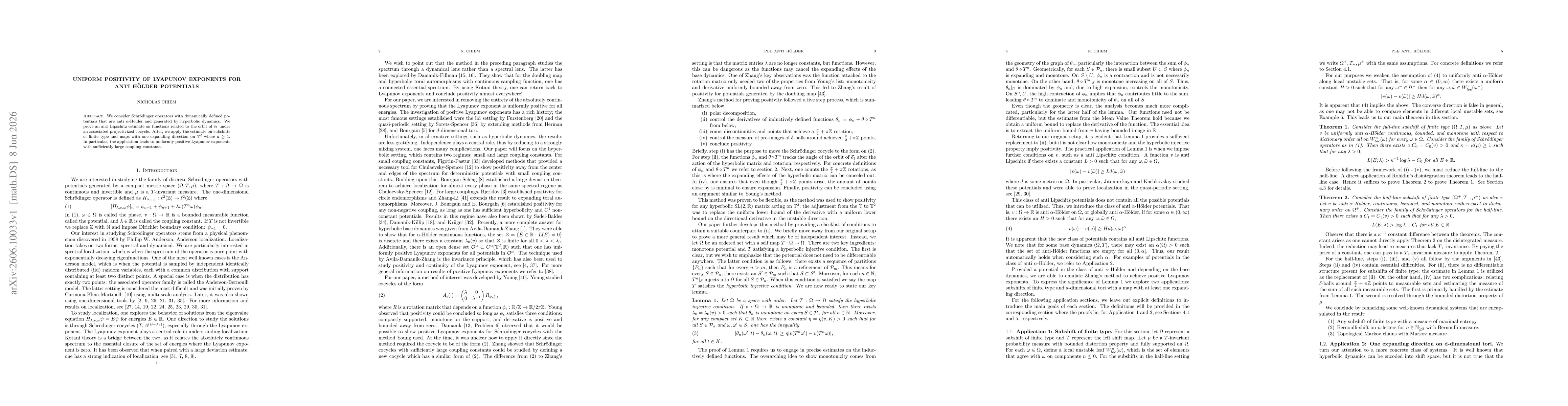 Thumbnail for Uniform positivity of Lyapunov exponents for anti Hölder potentials