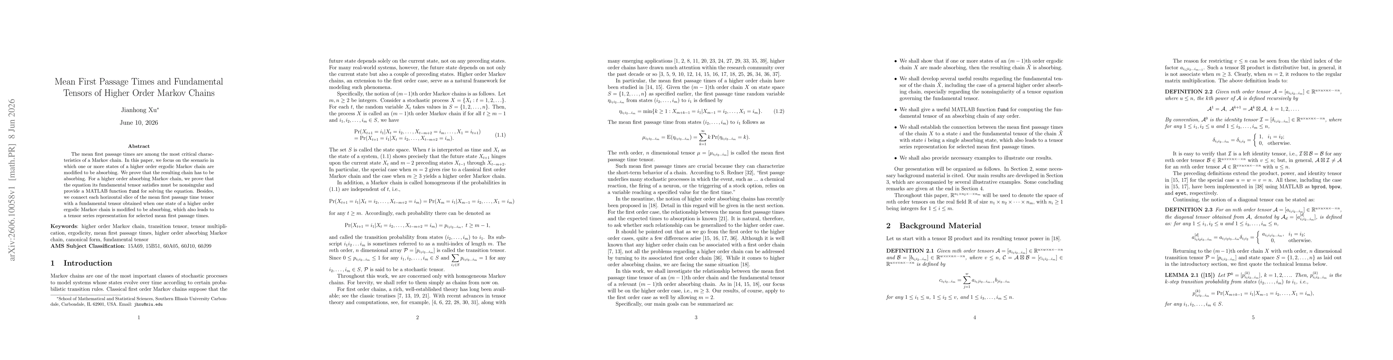 Thumbnail for Mean First Passage Times and Fundamental Tensors of Higher Order Markov Chains