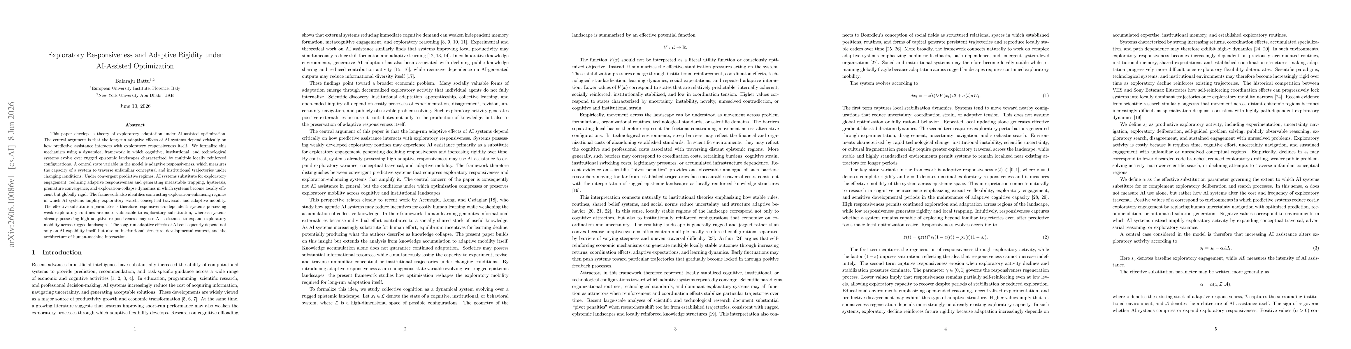 Thumbnail for Exploratory Responsiveness and Adaptive Rigidity under AI-Assisted Optimization