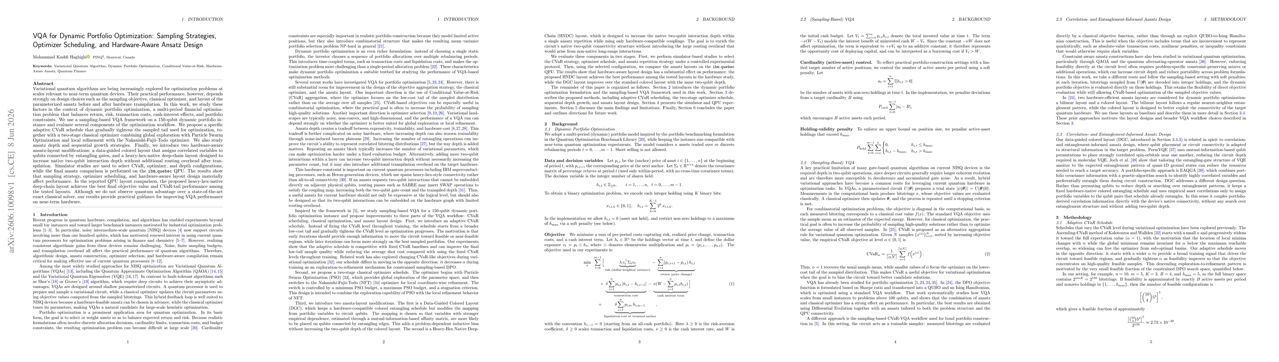 Thumbnail for VQA for Dynamic Portfolio Optimization: Sampling Strategies, Optimizer Scheduling, and Hardware-Aware Ansatz Design