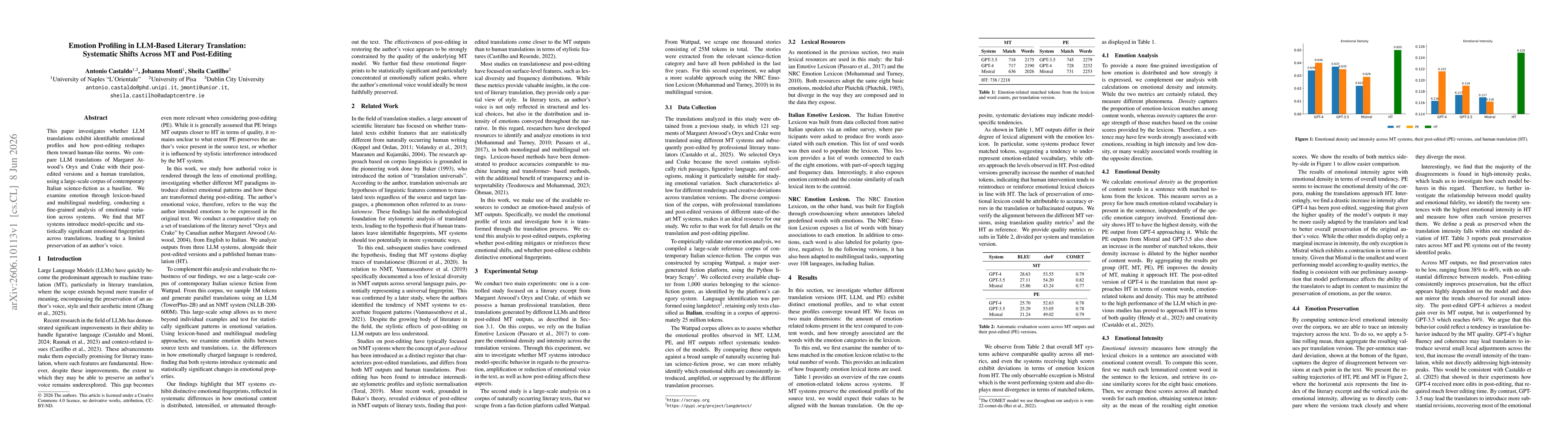 Thumbnail for Emotion Profiling in LLM-Based Literary Translation: Systematic Shifts Across MT and Post-Editing