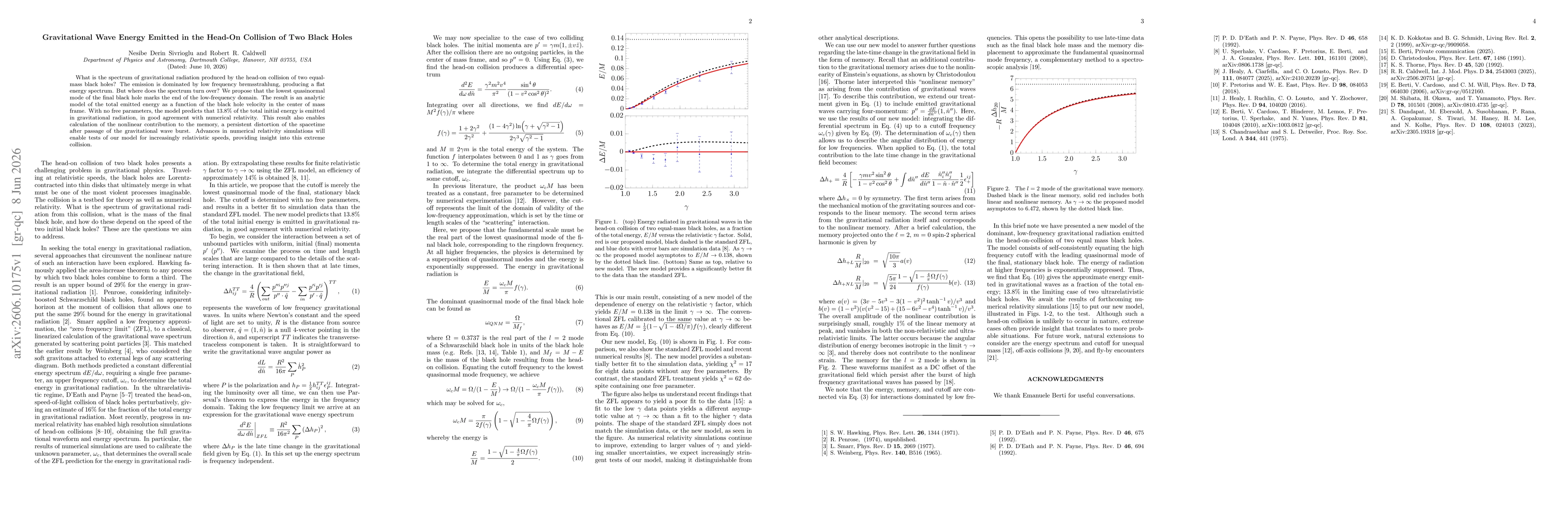 Thumbnail for Gravitational Wave Energy Emitted in the Head-On Collision of Two Black Holes