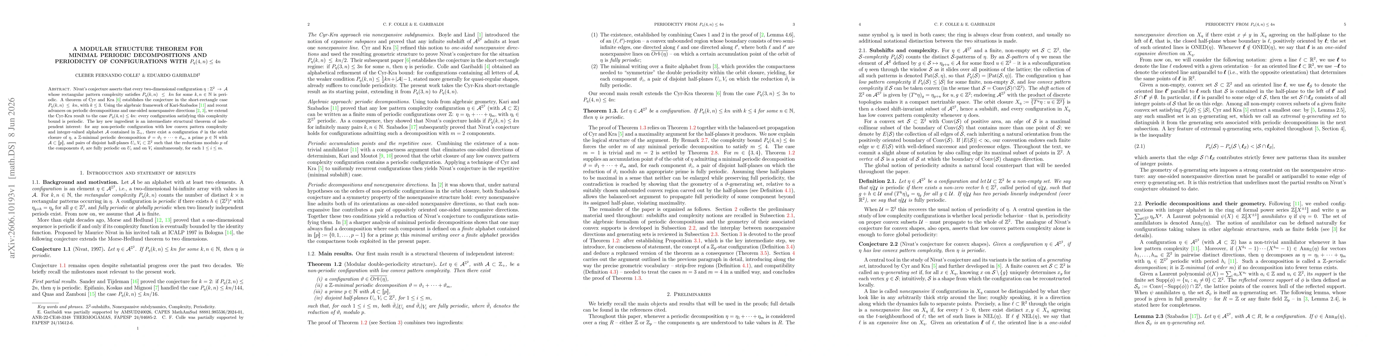 Thumbnail for A Modular Structure Theorem for Minimal Periodic Decompositions and Periodicity of Configurations with $P_η(4,n) \leq 4n$