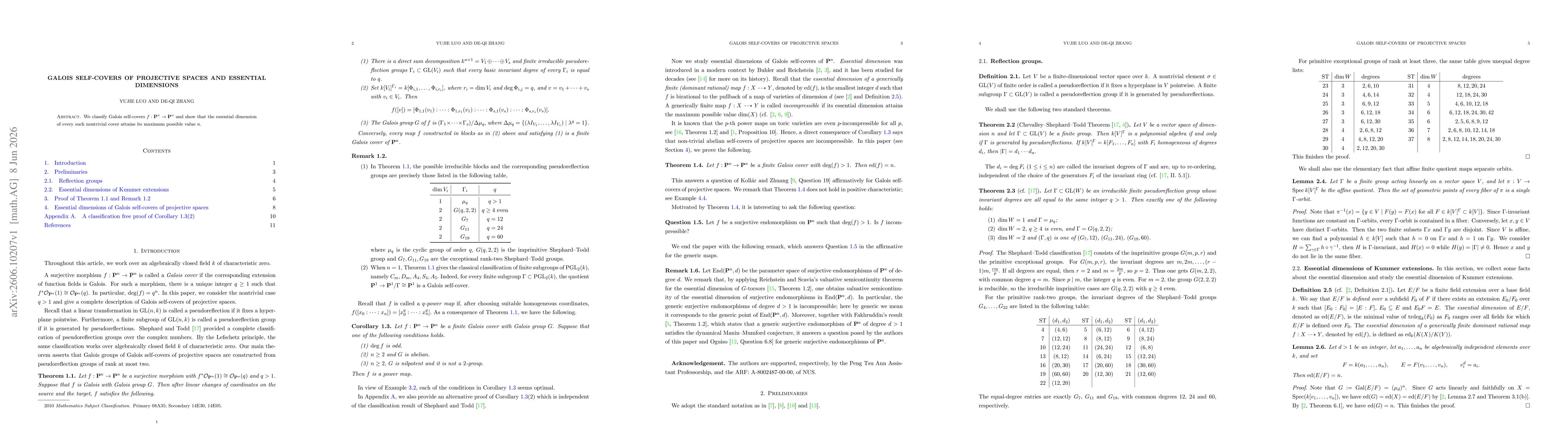 Thumbnail for Galois self-covers of projective spaces and essential dimensions