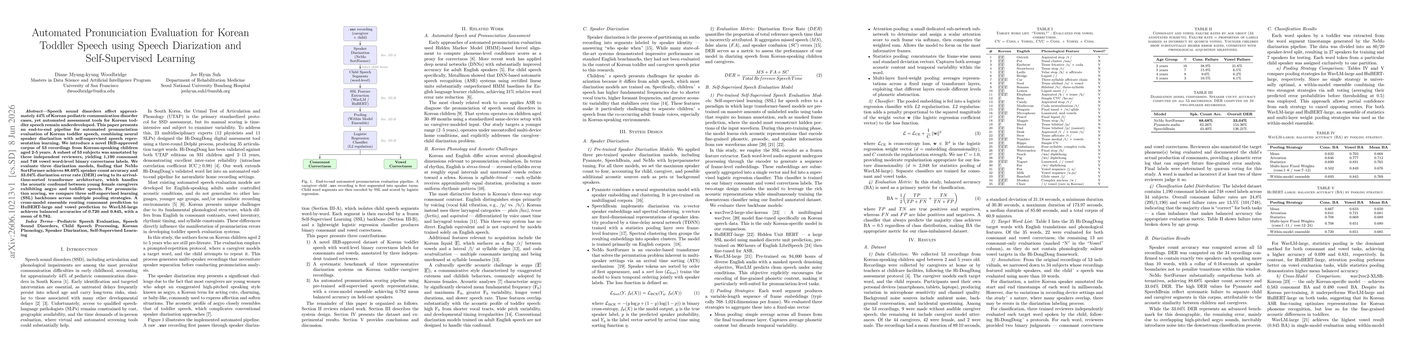 Thumbnail for Automated Pronunciation Evaluation for Korean Toddler Speech using Speech Diarization and Self-Supervised Learning