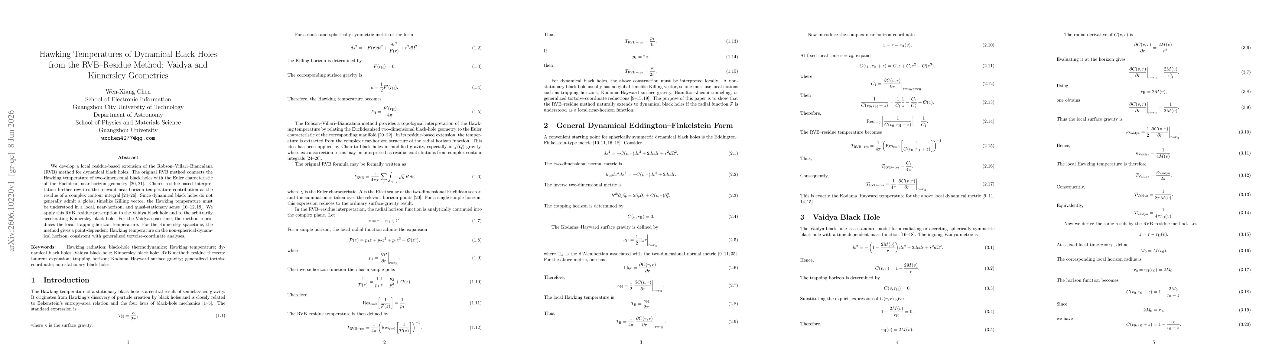 Thumbnail for Hawking Temperatures of Dynamical Black Holes from the RVB--Residue Method:Vaidya and Kinnersley Geometries
