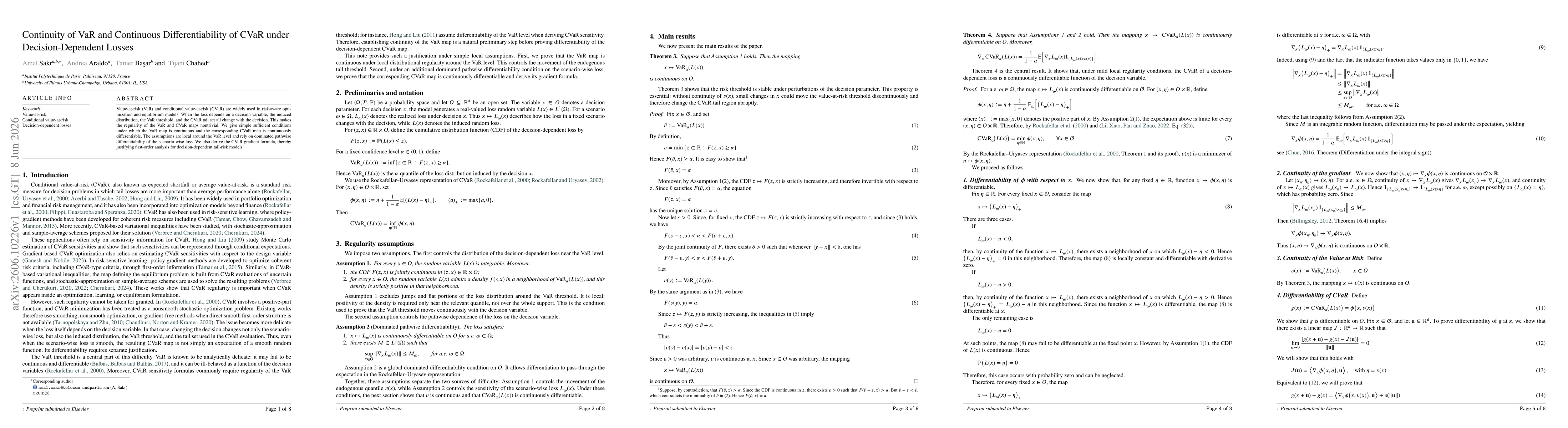 Thumbnail for Continuity of VaR and Continuous Differentiability of CVaR under Decision-Dependent Losses