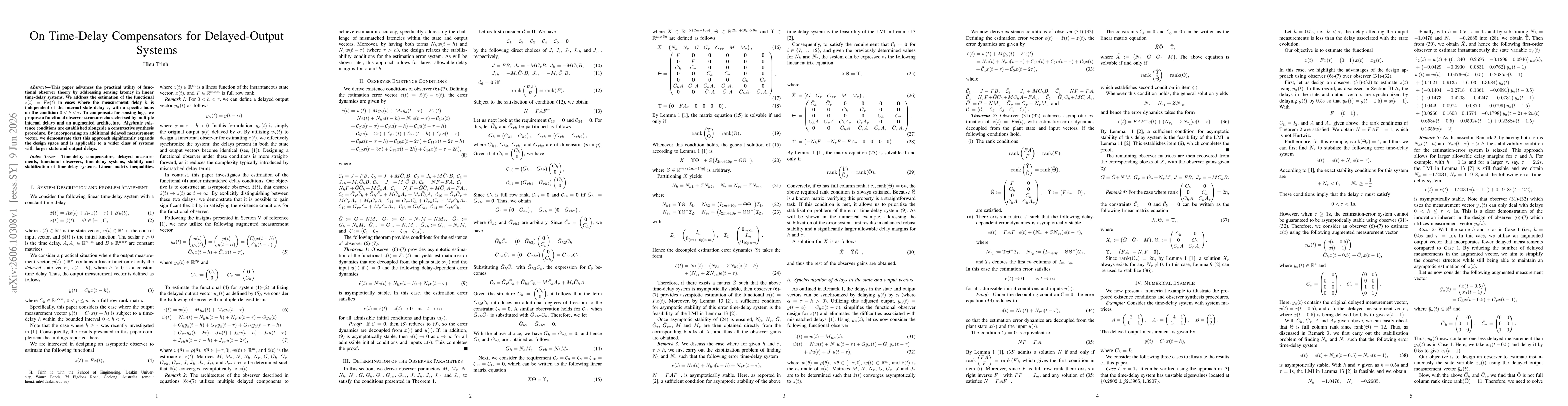 Thumbnail for On Time-Delay Compensators for Delayed-Output Systems
