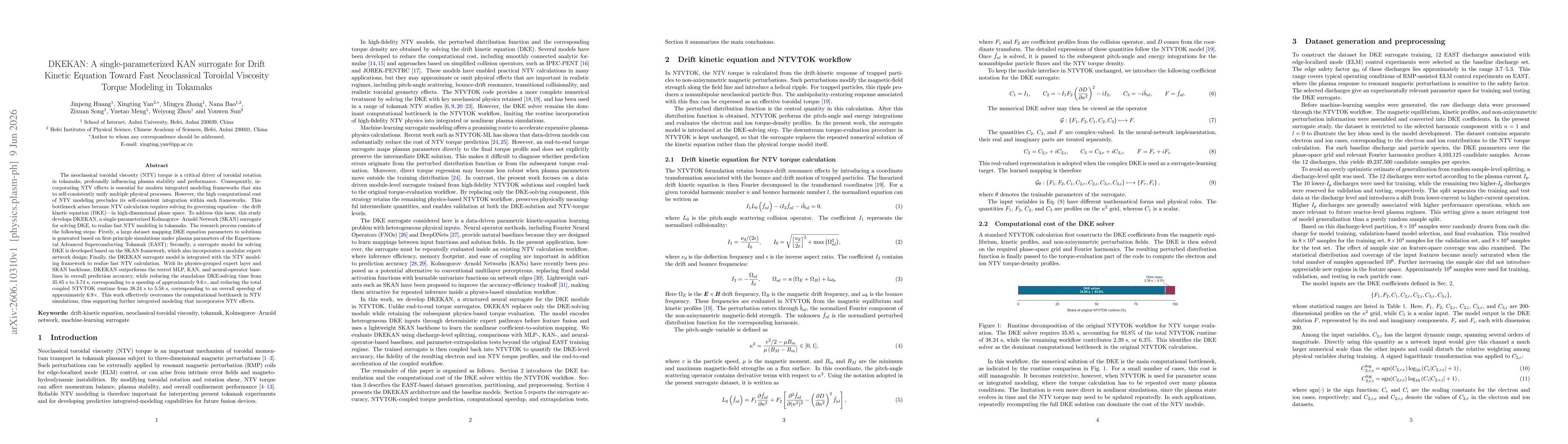 Thumbnail for DKEKAN: A single-parameterized KAN surrogate for Drift Kinetic Equation Toward Fast Neoclassical Toroidal Viscosity Torque Modeling in Tokamaks
