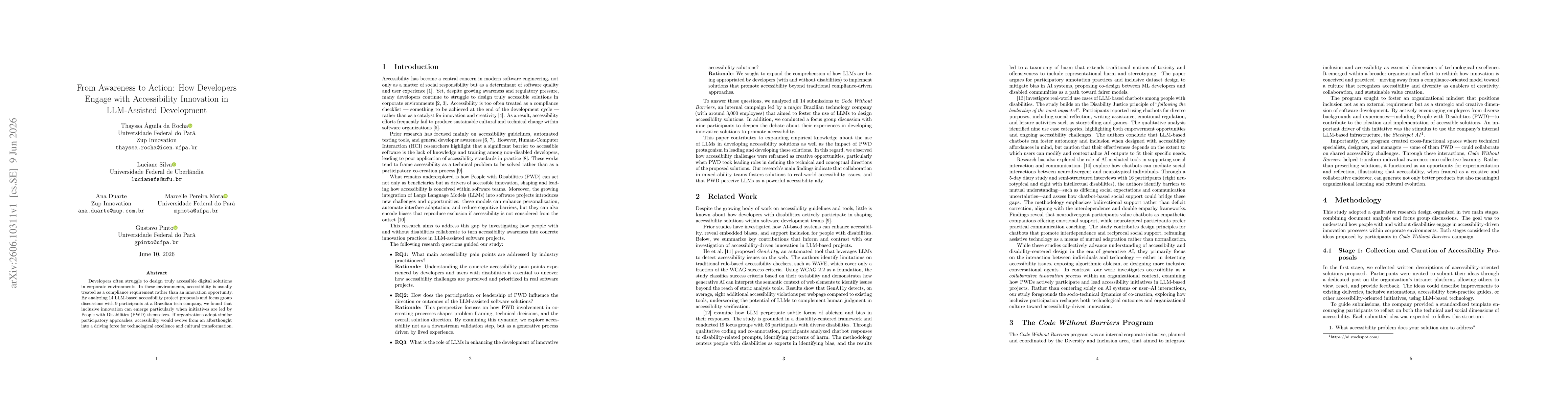 Thumbnail for From Awareness to Action: How Developers Engage with Accessibility Innovation in LLM-Assisted Development