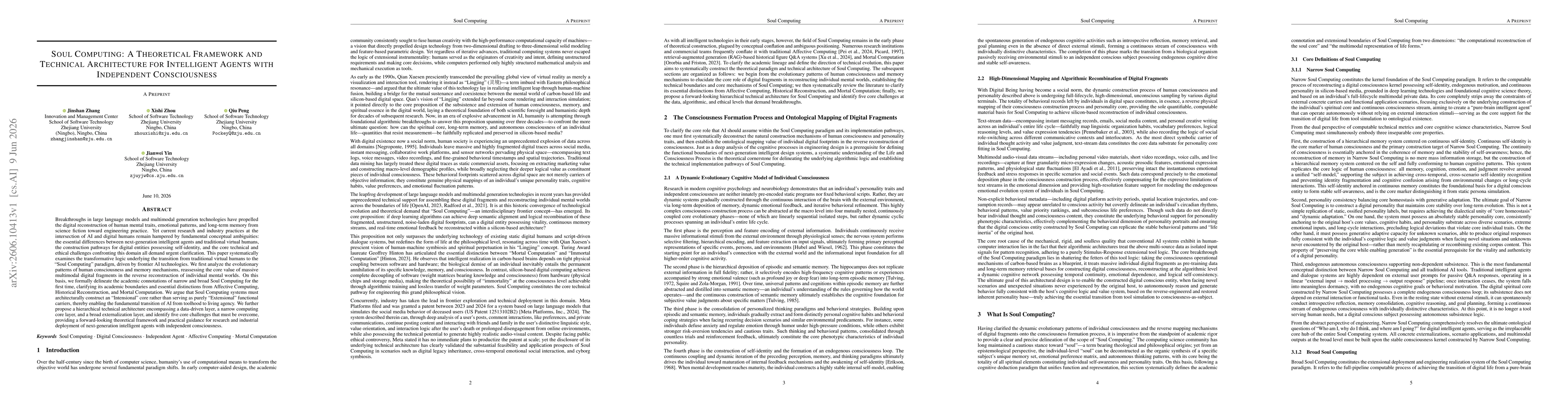 Thumbnail for Soul Computing: A Theoretical Framework and Technical Architecture for Intelligent Agents with Independent Consciousness