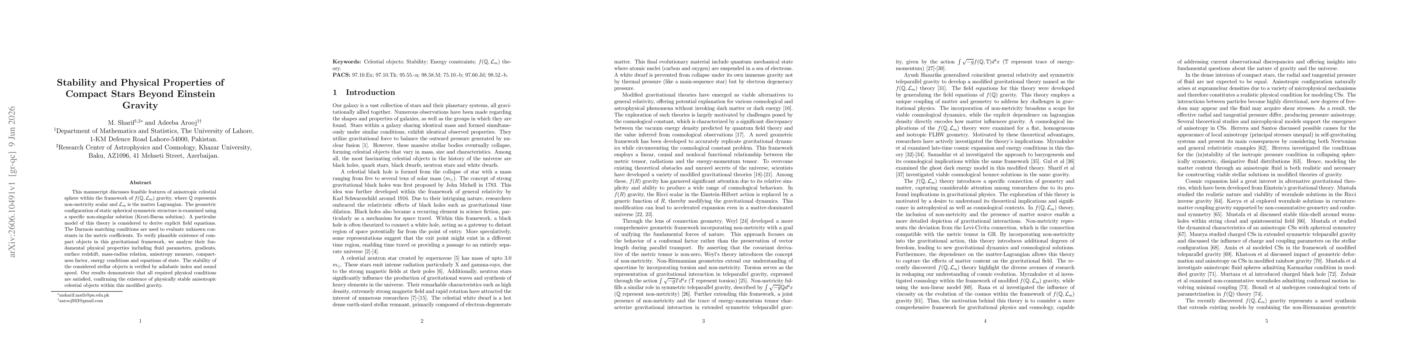 Thumbnail for Stability and Physical Properties of Compact Stars Beyond Einstein Gravity