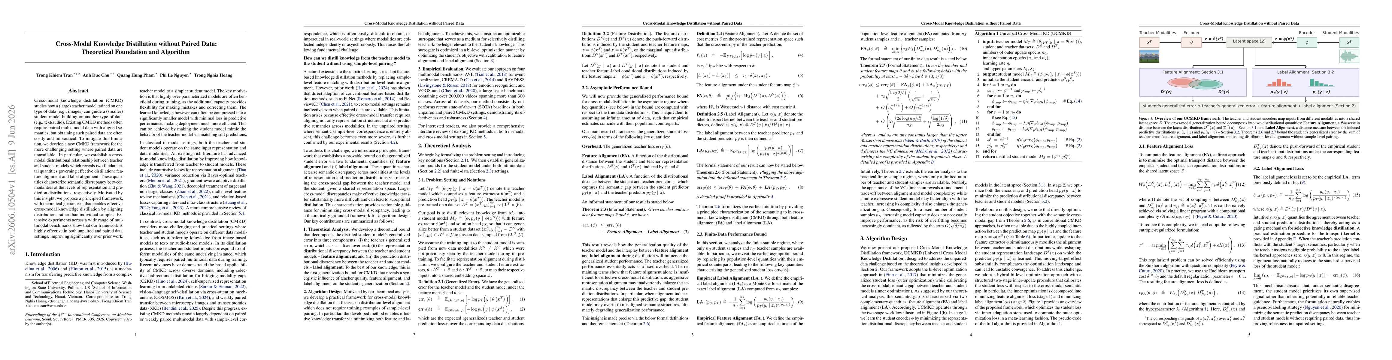 Thumbnail for Cross-Modal Knowledge Distillation without Paired Data: Theoretical Foundation and Algorithm