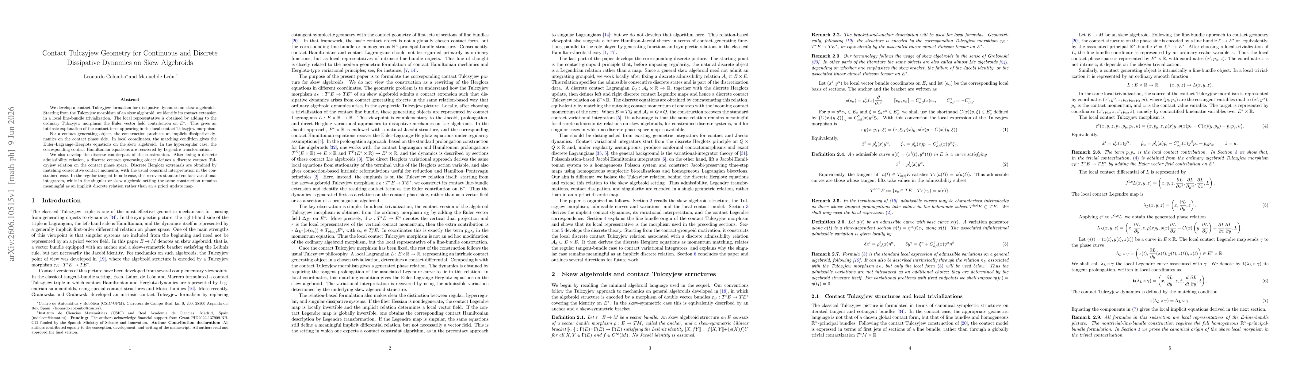 Thumbnail for Contact Tulczyjew Geometry for Continuous and Discrete Dissipative Dynamics on Skew Algebroids