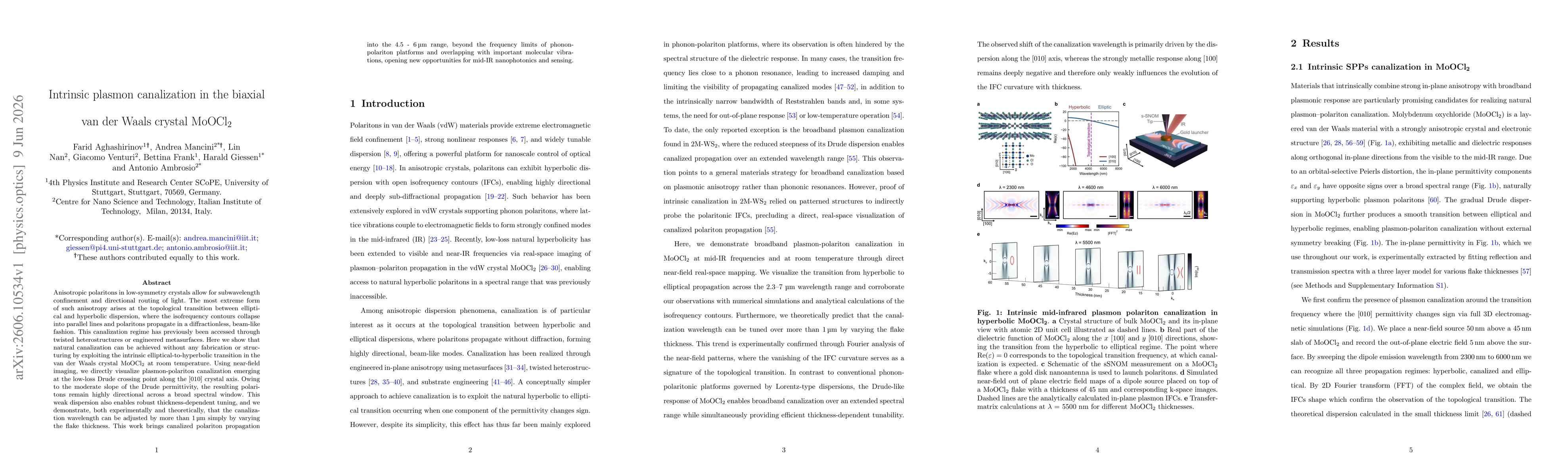 Thumbnail for Intrinsic plasmon canalization in the biaxial van der Waals crystal MoOCl$_2$
