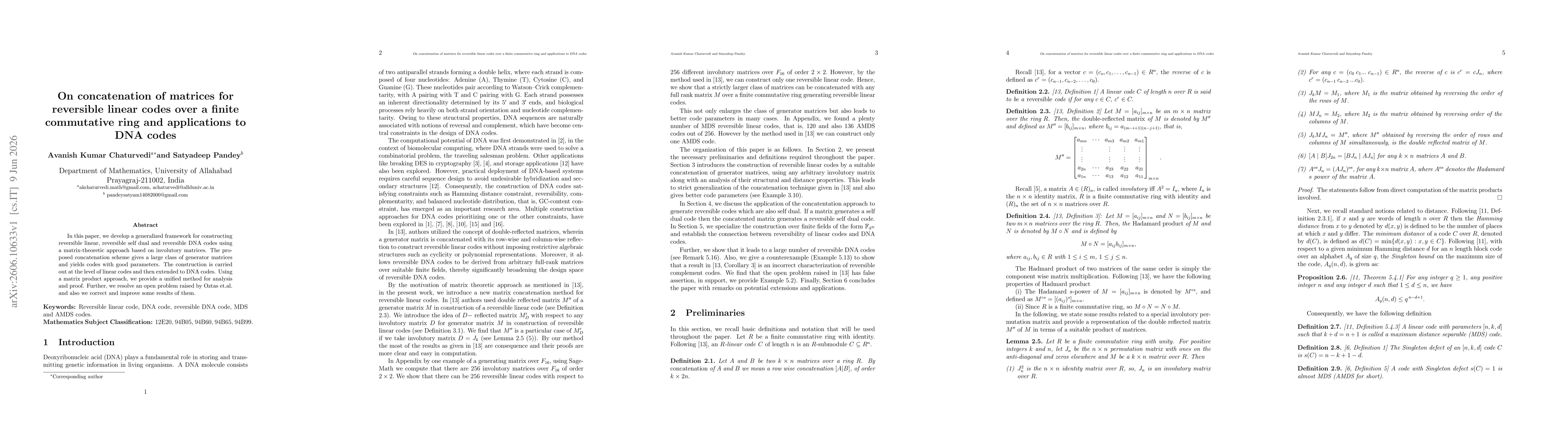 Thumbnail for On concatenation of matrices for reversible linear codes over a finite commutative ring and applications to DNA codes