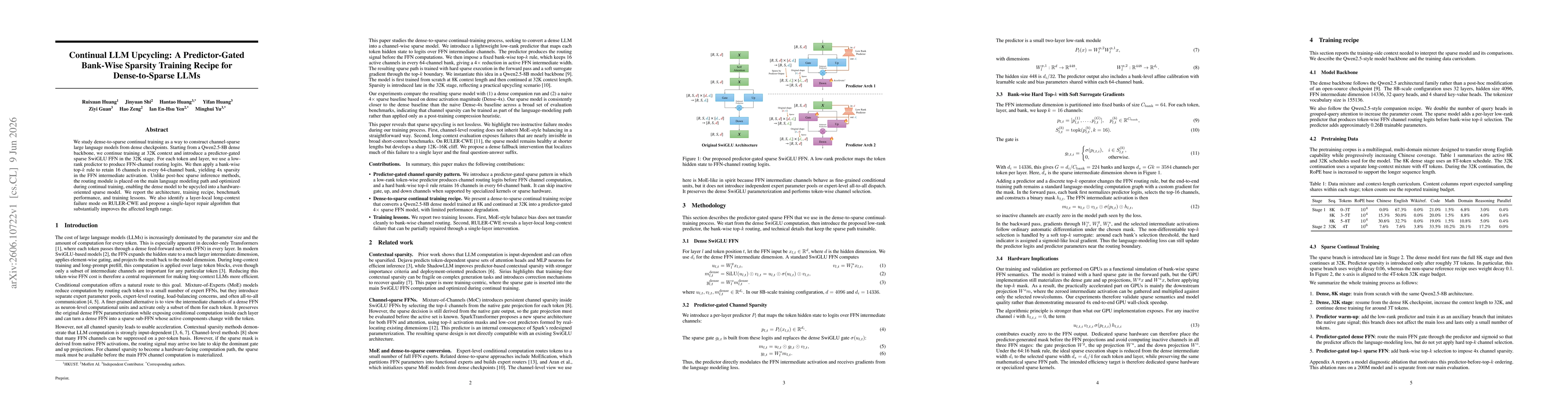 Thumbnail for Continual LLM Upcycling: A Predictor-Gated Bank-Wise Sparsity Training Recipe for Dense-to-Sparse LLMs