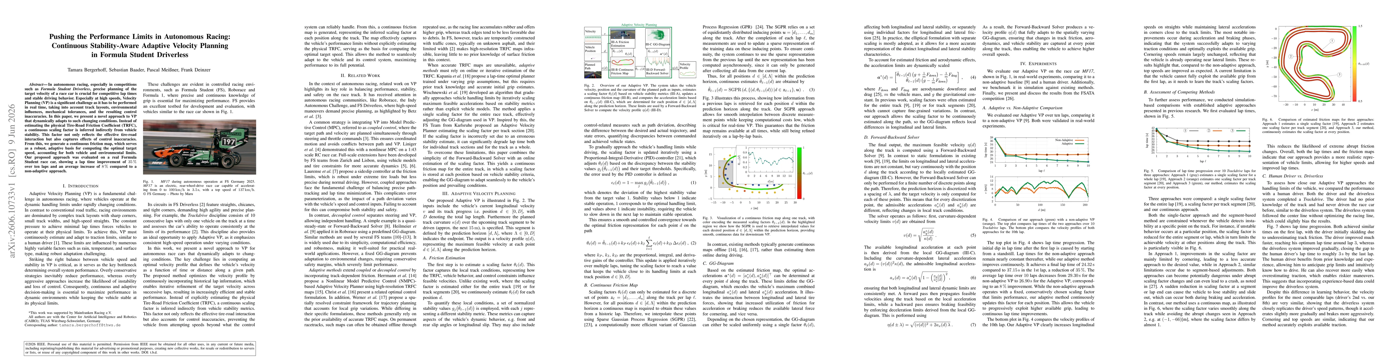 Thumbnail for Pushing the Performance Limits in Autonomous Racing: Continuous Stability-Aware Adaptive Velocity Planning in Formula Student Driverless