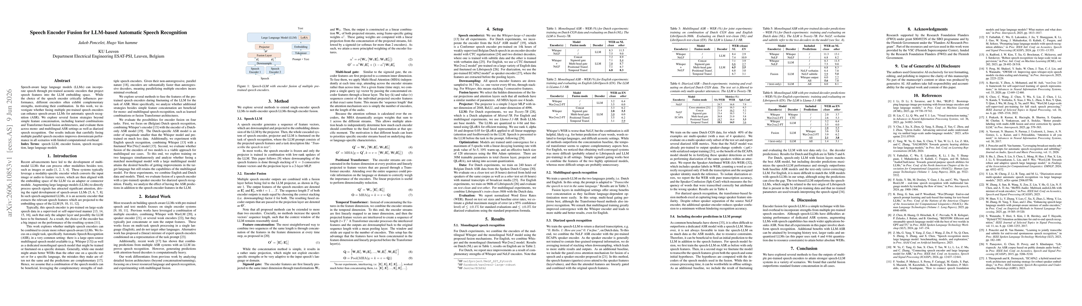 Thumbnail for Speech Encoder Fusion for LLM-based Automatic Speech Recognition