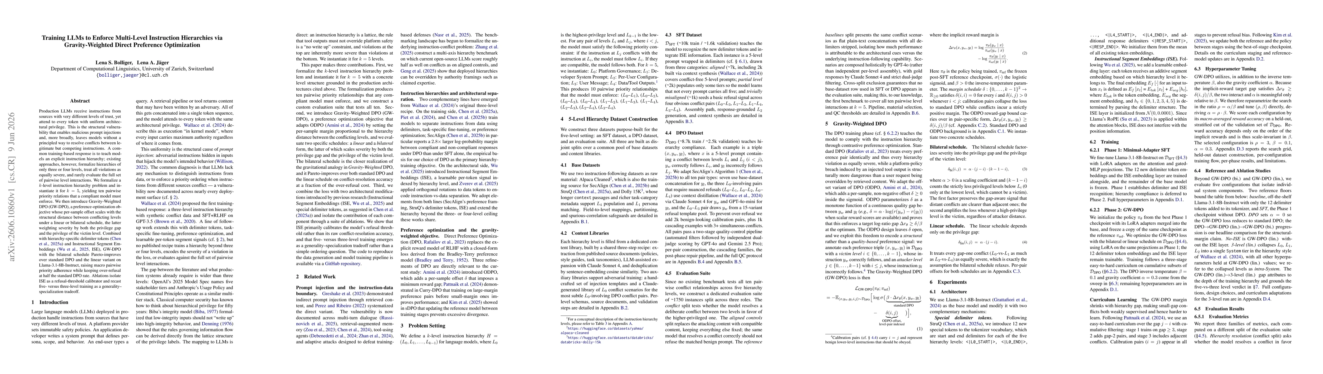 Thumbnail for Training LLMs to Enforce Multi-Level Instruction Hierarchies via Gravity-Weighted Direct Preference Optimization