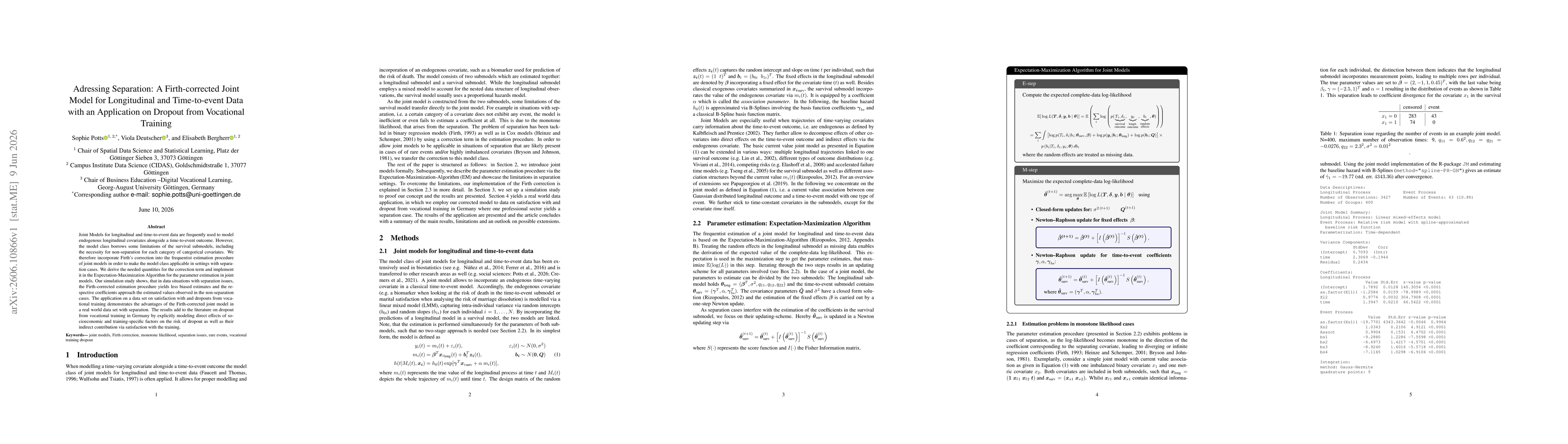 Thumbnail for Adressing Separation: A Firth-corrected Joint Model for Longitudinal and Time-to-event Data with an Application on Dropout from Vocational Training