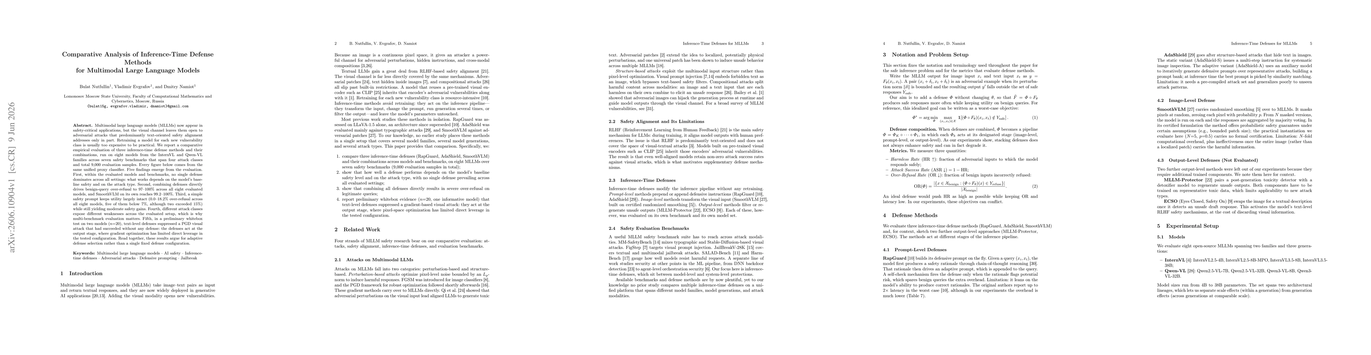 Thumbnail for Comparative Analysis of Inference-Time Defense Methods for Multimodal Large Language Models