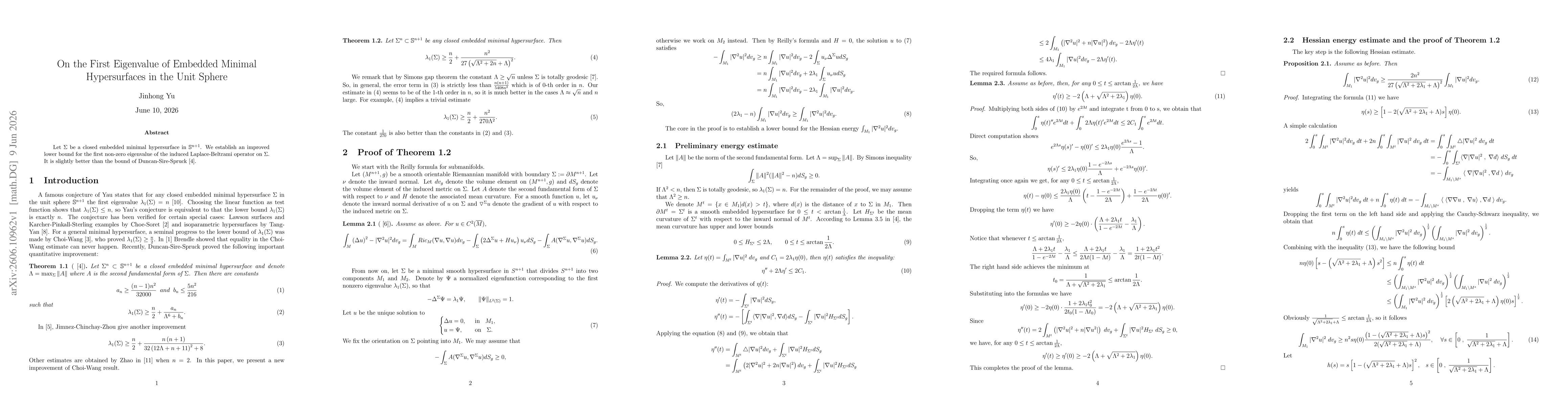 Thumbnail for On the First Eigenvalue of Embedded Minimal Hypersurfaces in the Unit Sphere