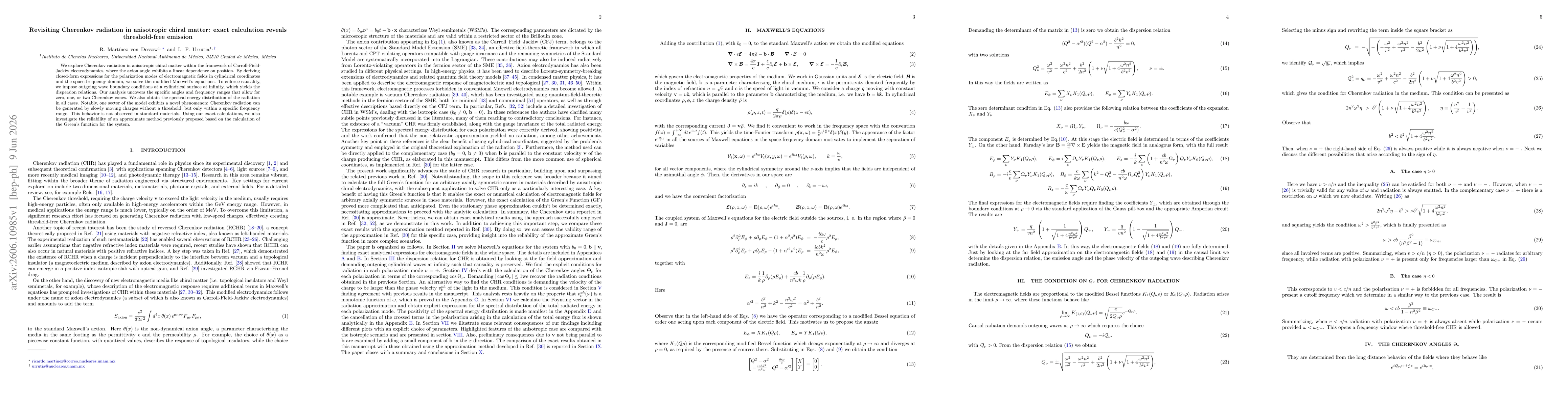 Thumbnail for Revisiting Cherenkov radiation in anisotropic chiral matter: exact calculation reveals threshold-free emission
