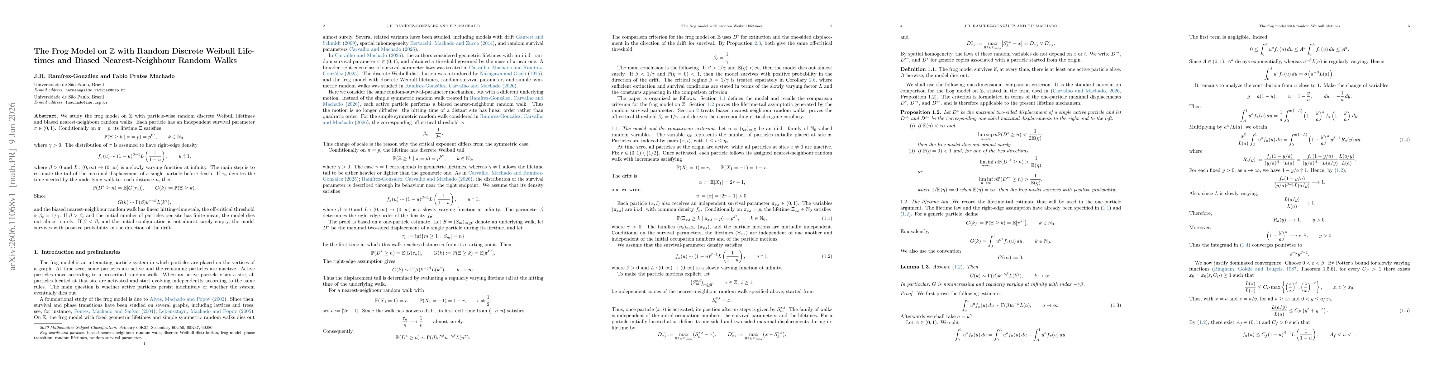 Thumbnail for The Frog Model on $\mathbb Z$ with Random Discrete Weibull Lifetimes and Biased Nearest-Neighbour Random Walks