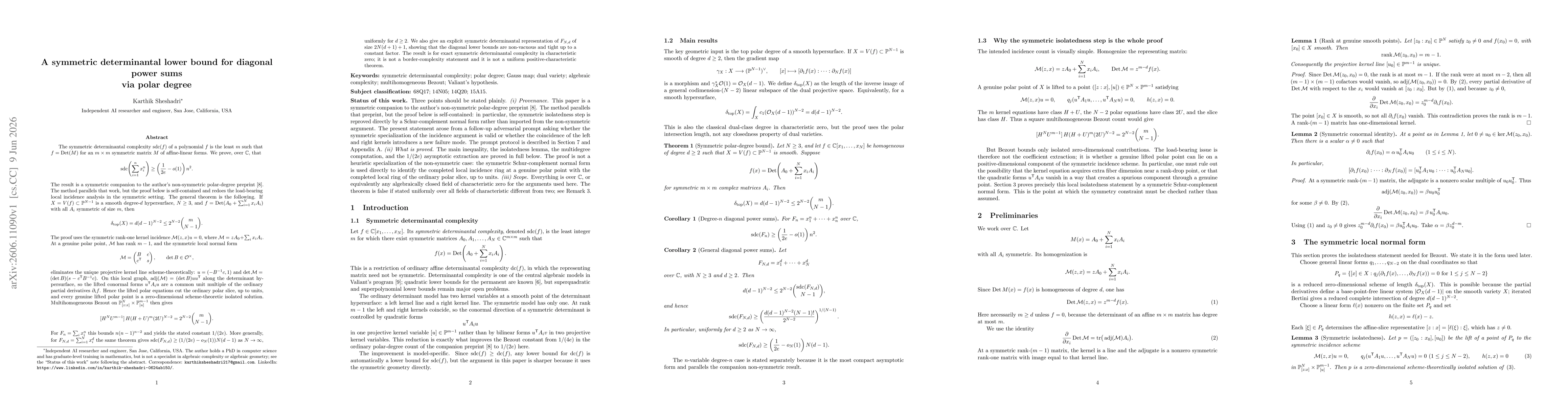 Thumbnail for A symmetric determinantal lower bound for diagonal power sums via polar degree