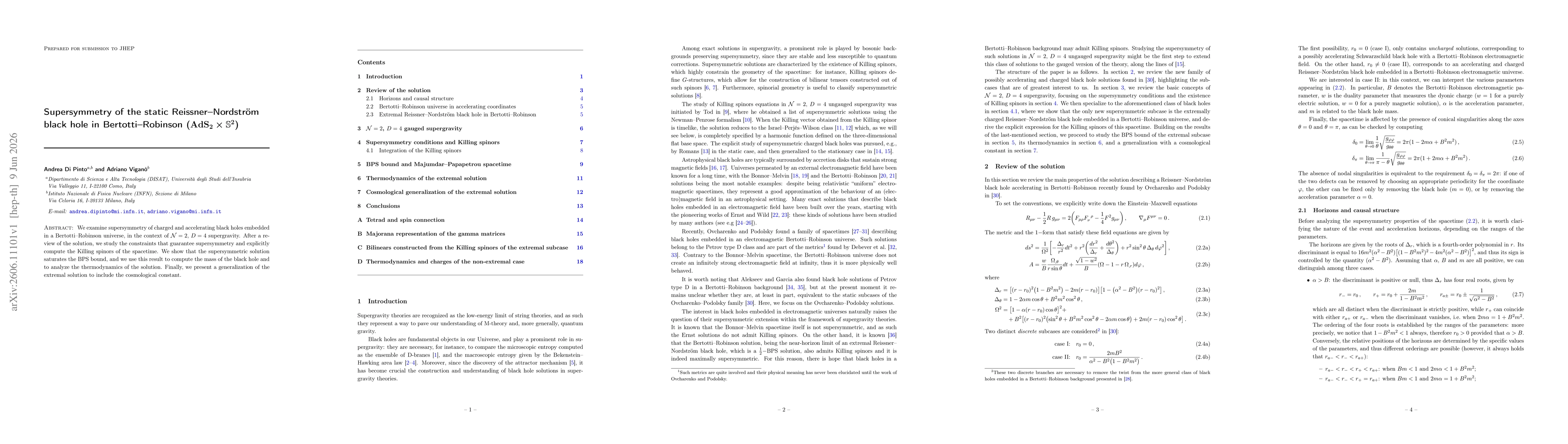 Thumbnail for Supersymmetry of the static Reissner-Nordström black hole in Bertotti-Robinson ($\mathrm{AdS}_2 \times \mathbb{S}^2$)