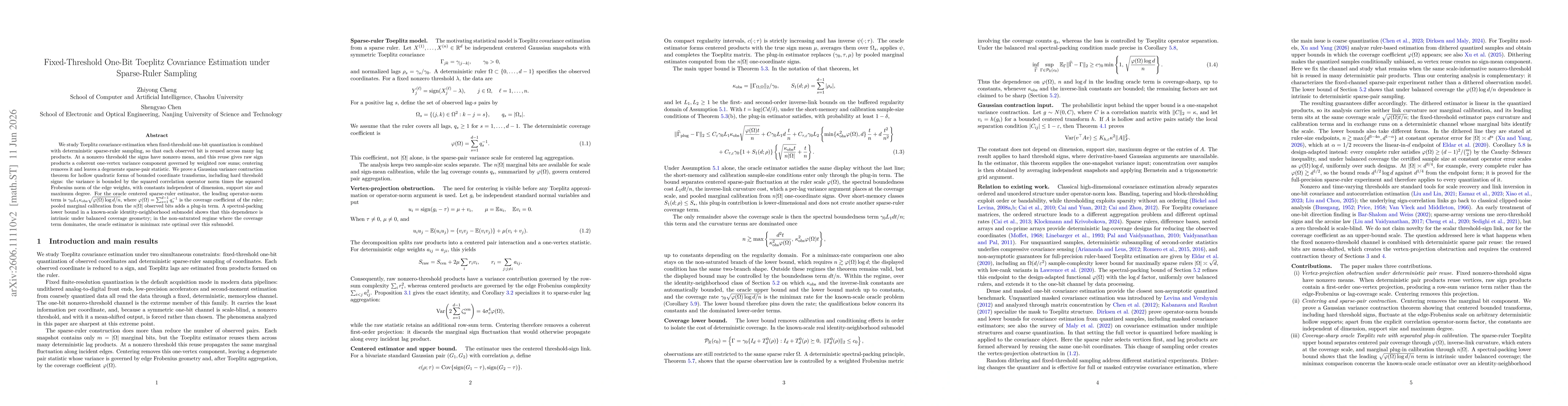 Thumbnail for Fixed-Threshold One-Bit Toeplitz Covariance Estimation under Sparse-Ruler Sampling