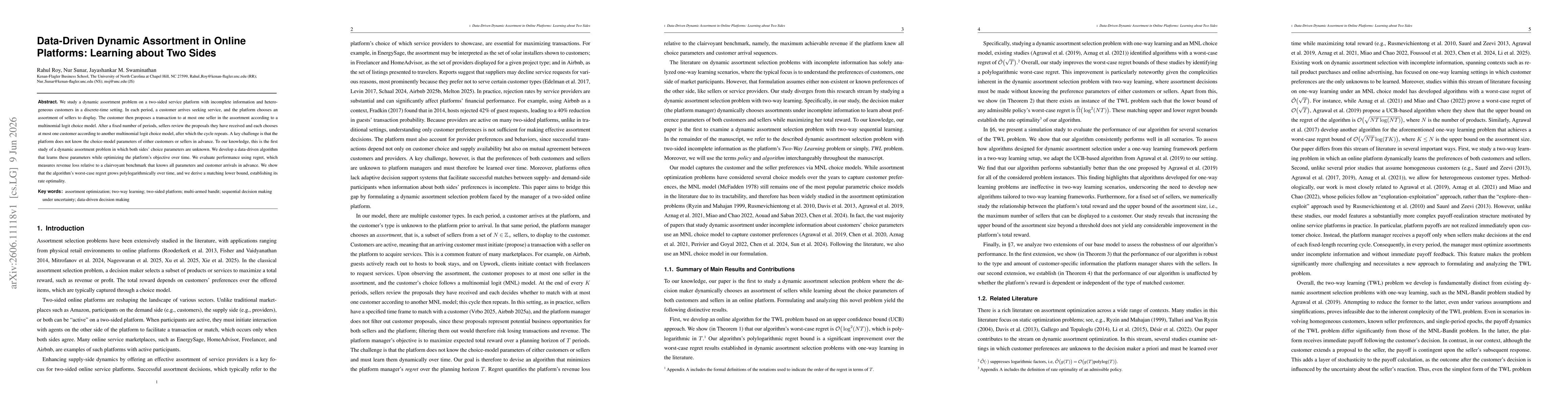 Thumbnail for Data-Driven Dynamic Assortment in Online Platforms: Learning about Two Sides