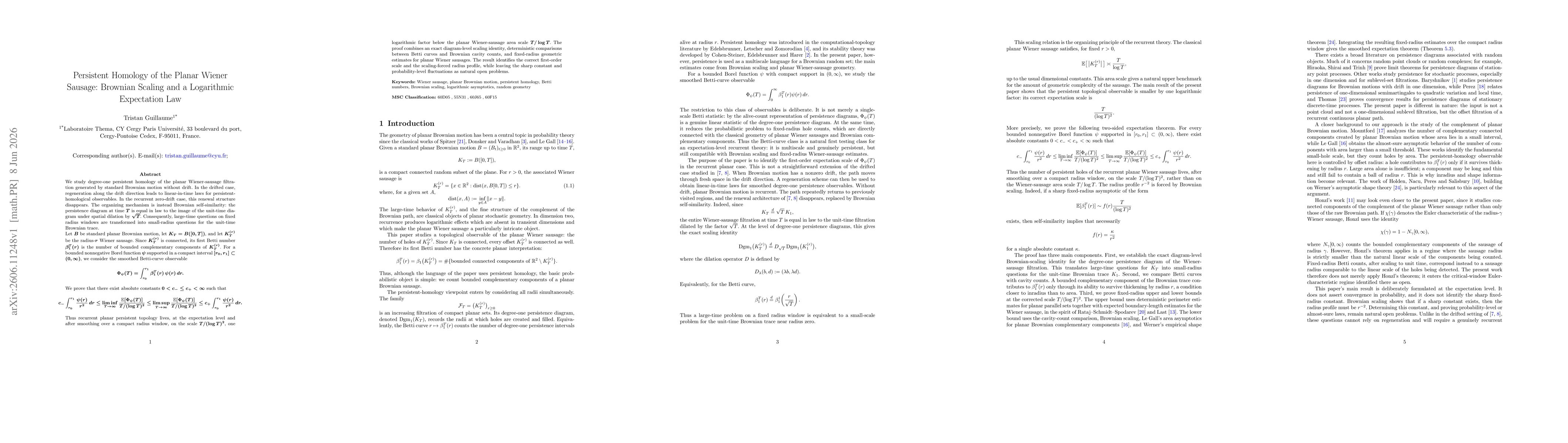 Thumbnail for Persistent Homology of the Planar Wiener Sausage: Brownian Scaling and a Logarithmic Expectation Law