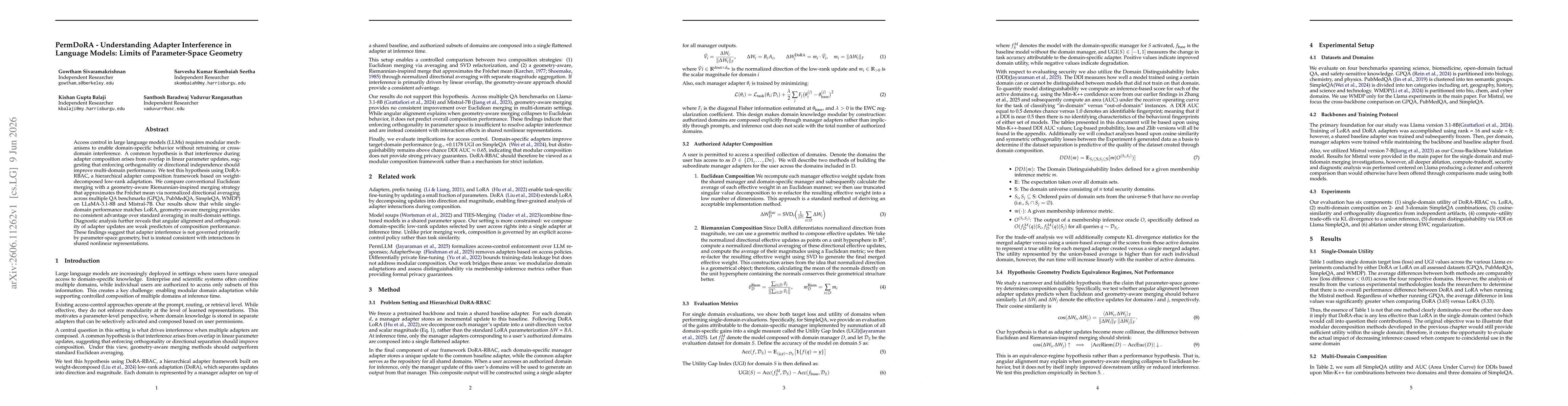 Thumbnail for PermDoRA -- Understanding Adapter Interference in Language Models: Limits of Parameter-Space Geometry
