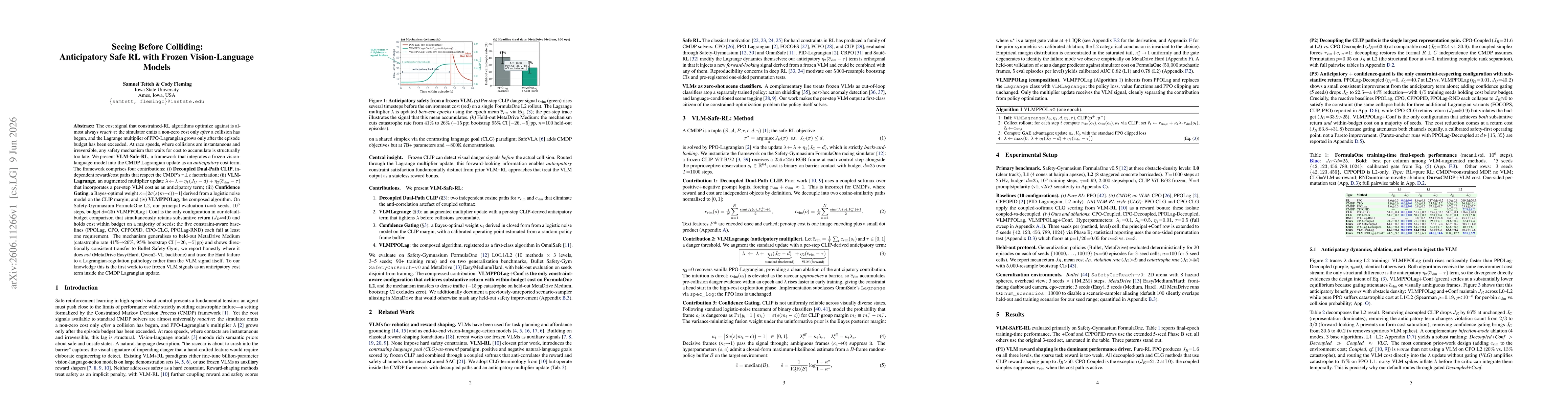 Thumbnail for Seeing Before Colliding: Anticipatory Safe RL with Frozen Vision-Language Models