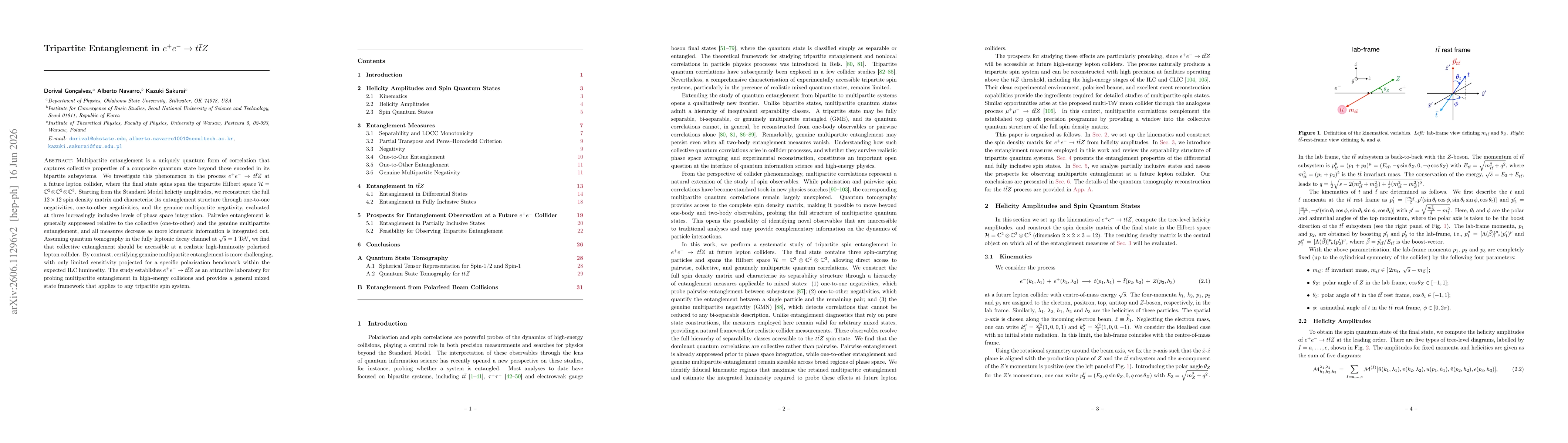 Thumbnail for Tripartite Entanglement in $e^+ e^- \to t \bar{t} Z$