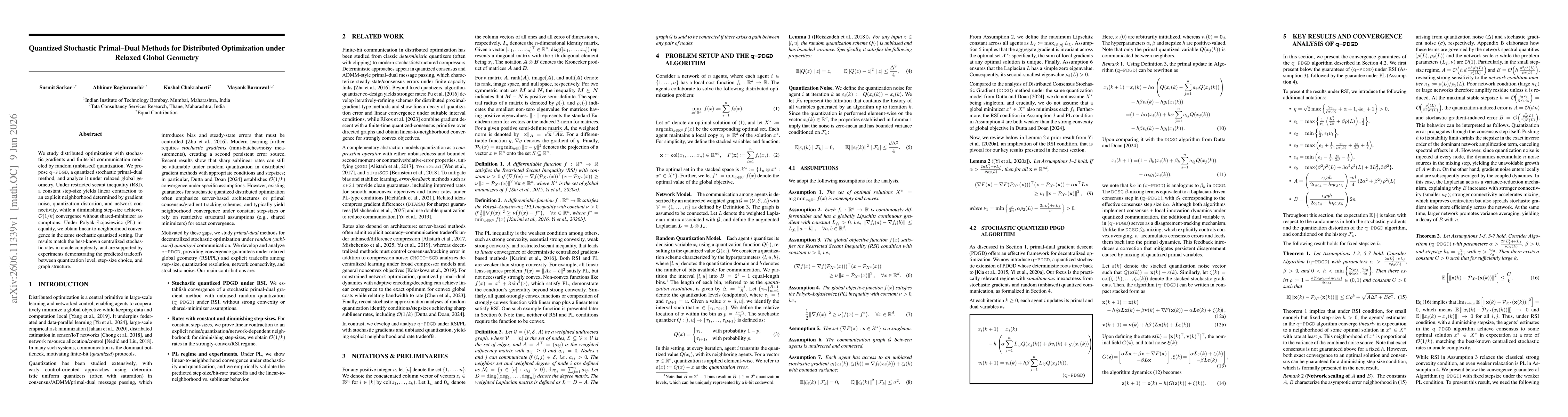 Thumbnail for Quantized Stochastic Primal-Dual Methods for Distributed Optimization under Relaxed Global Geometry